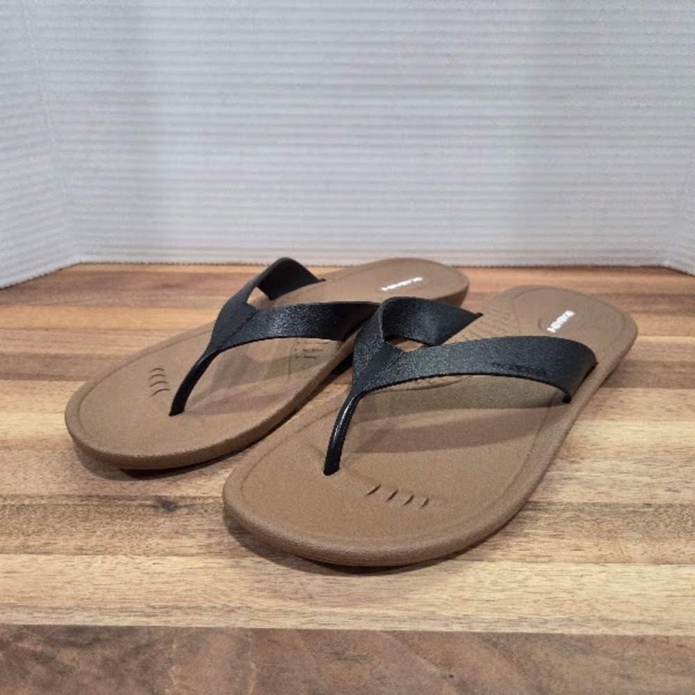 Okabashi Flip Flops Womens Large 9.5–10.5 Black Tan Ergonomic Thong Sandals USA